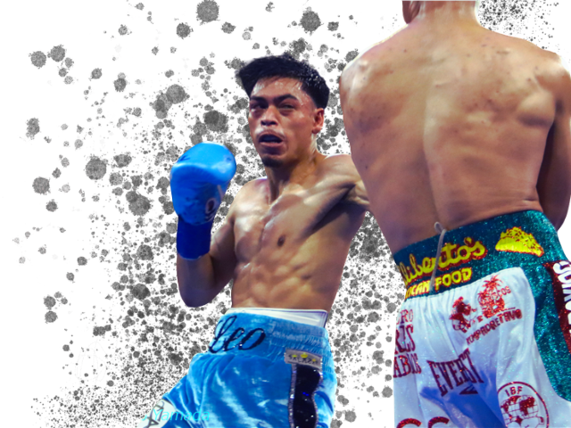 青いグローブと青いトランクスを着用し、試合中に攻撃態勢に入るアンジェロ・レオ選手。右側には対戦相手の背中が写っている。