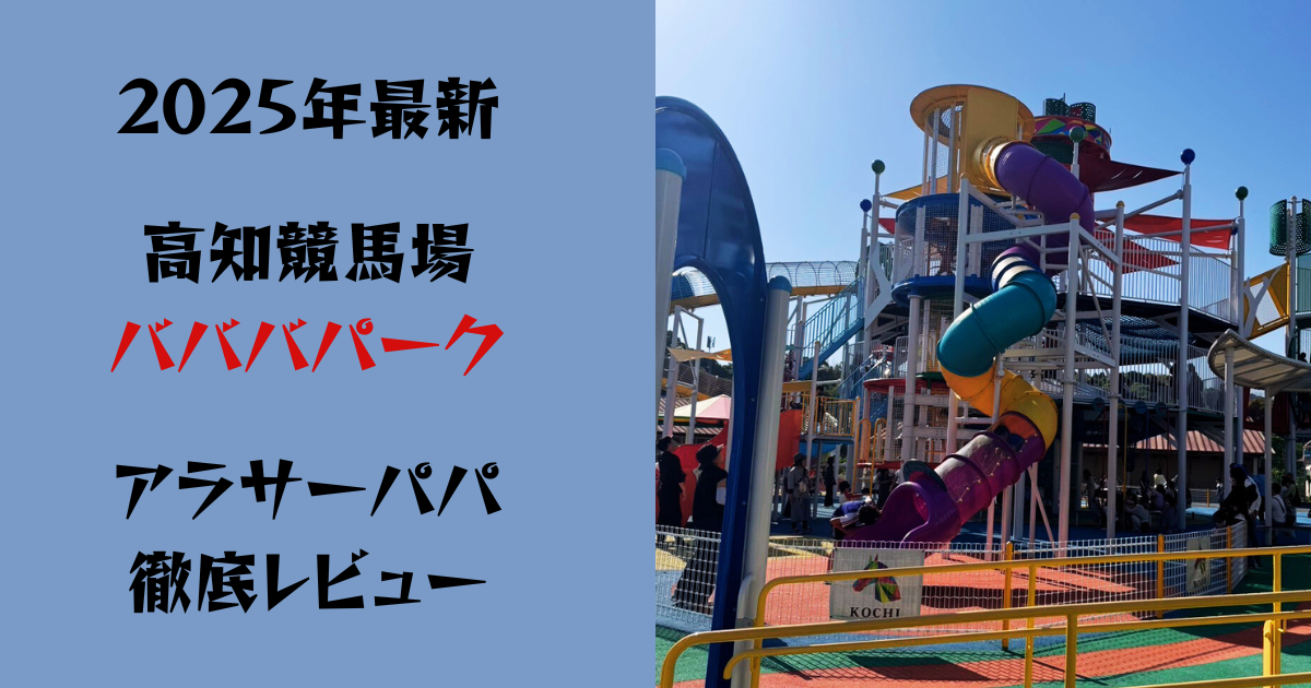 高知競馬場バババパークの大型複合遊具。カラフルなすべり台やタワーが組み合わされた遊具施設で、青空の下に設置されている。