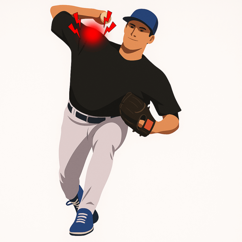 野球選手が投球動作中に肩の痛みを感じている様子を描いたイラスト。右肩部分が赤く光り、赤い矢印で痛みの箇所を示している。選手は青いキャップをかぶり、黒いシャツとグレーのパンツを着用している。