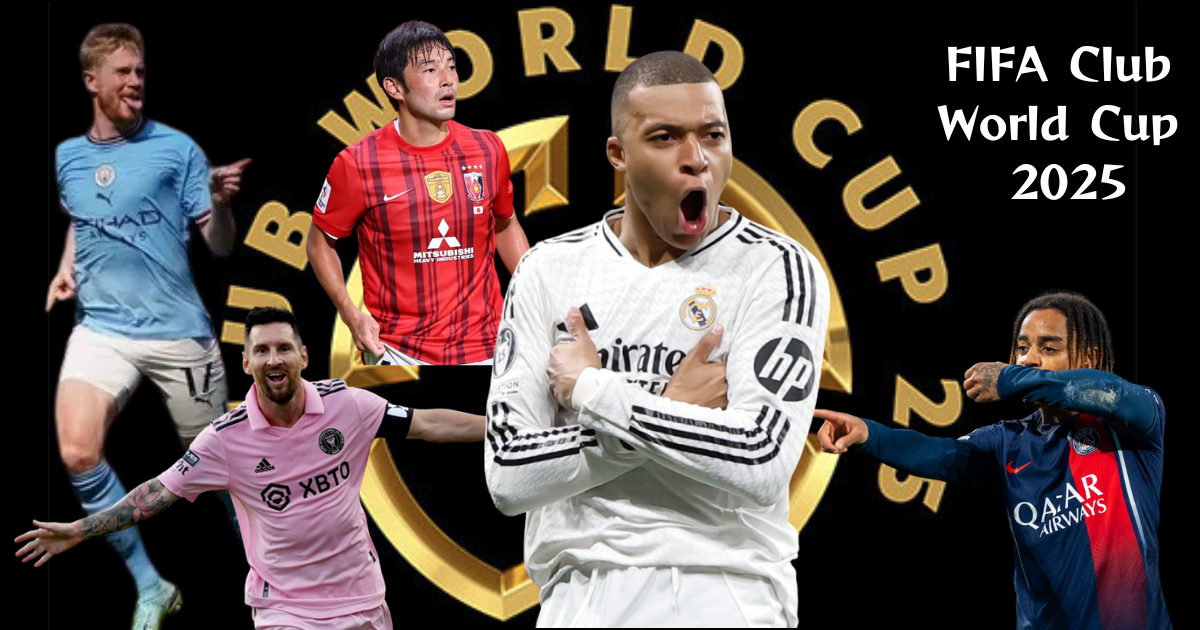 FIFAクラブワールドカップ2025の注目選手たちを集めたコラージュ画像。中央にレアル・マドリードの白いユニフォームを着たムバッペ選手が大きく配置され、周囲にマンチェスター・シティ、浦和レッズ、インテル・マイアミ、パリ・サンジェルマンの選手たちが配置されている。背景には金色の「WORLD CUP」の文字が立体的にデザインされている。
