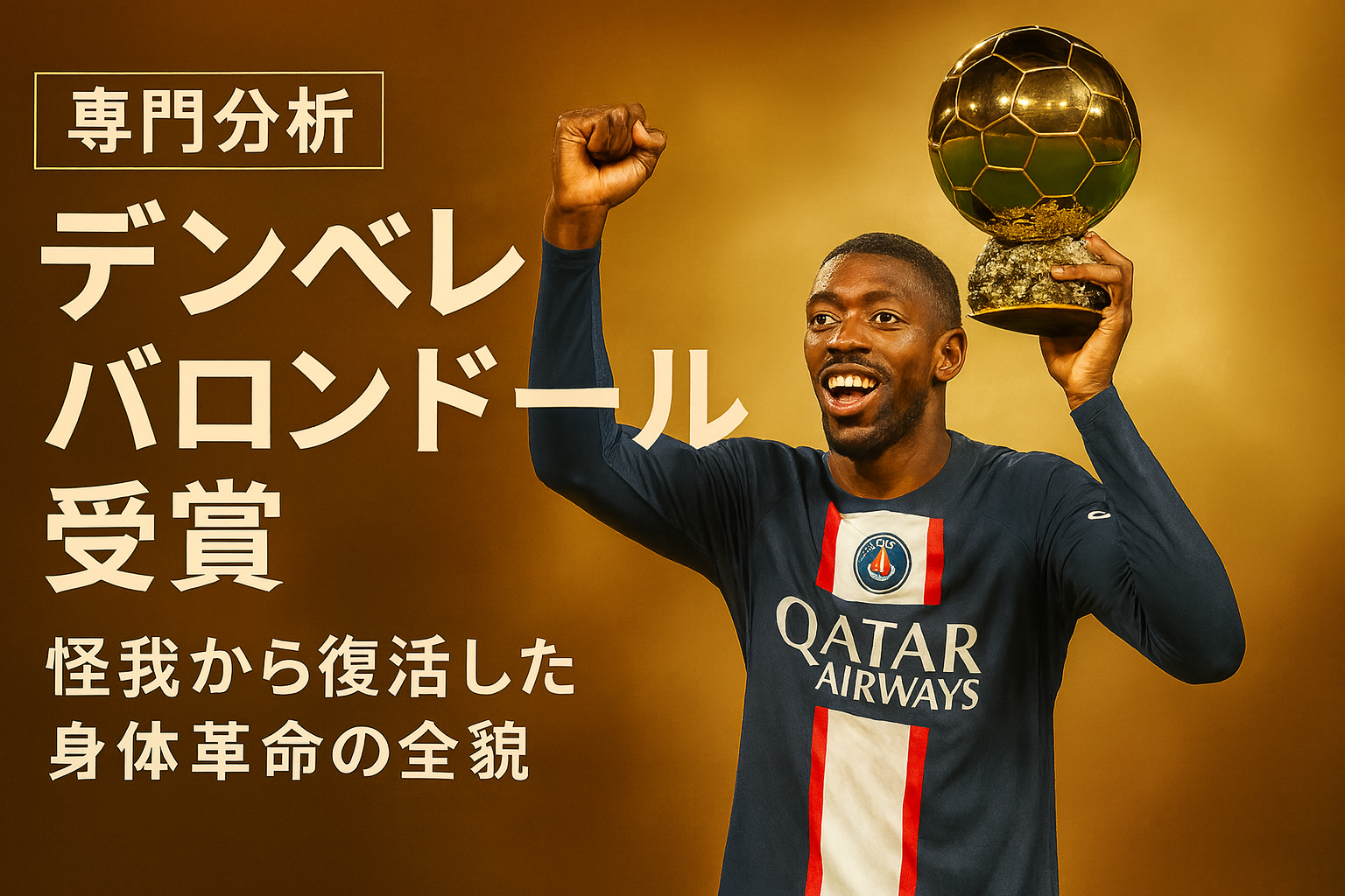 デンベレ選手がPSGユニフォームでバロンドールトロフィーを掲げている画像、左側に「専門分析 デンベレ バロンドール受賞 怪我から復活した身体革命の全貌」のテキスト