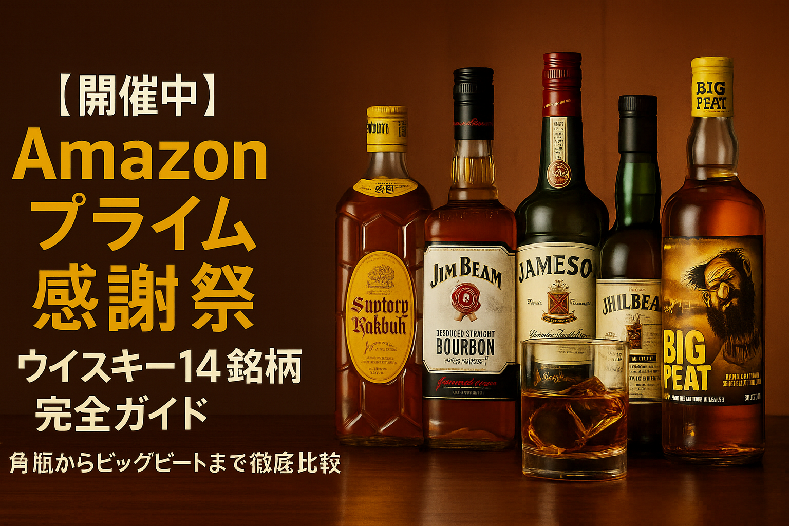 Amazonプライム感謝祭ウイスキー14銘柄完全ガイド - 角瓶、ジムビーム、ジェムソン、ビッグピートなど人気ウイスキーボトルが並ぶアイキャッチ画像