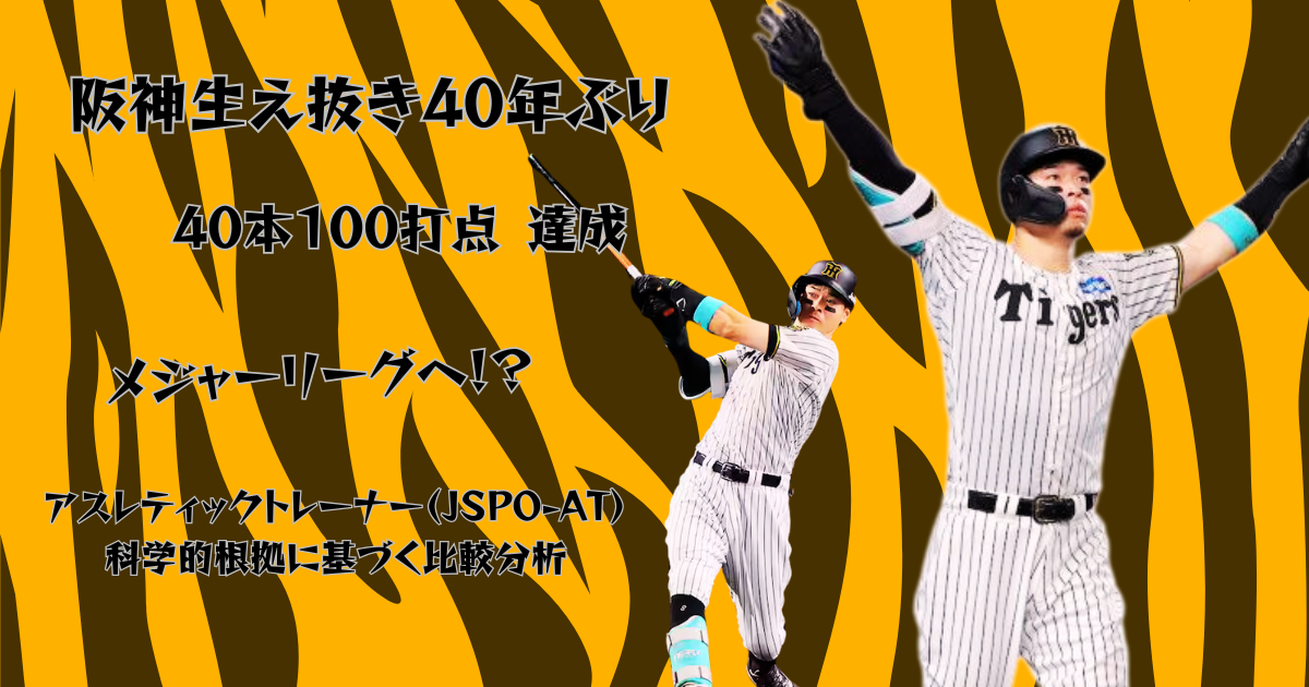 阪神タイガース佐藤輝明選手が40本塁打100打点達成を喜ぶ写真。黒と黄色のタイガースストライプ背景に「阪神生え抜き40年ぶり」「40本100打点 達成」「メジャーリーグへ」「アスレティックトレーナー(JSPO-AT)科学的根拠に基づく比較分析」のテキストが入った画像