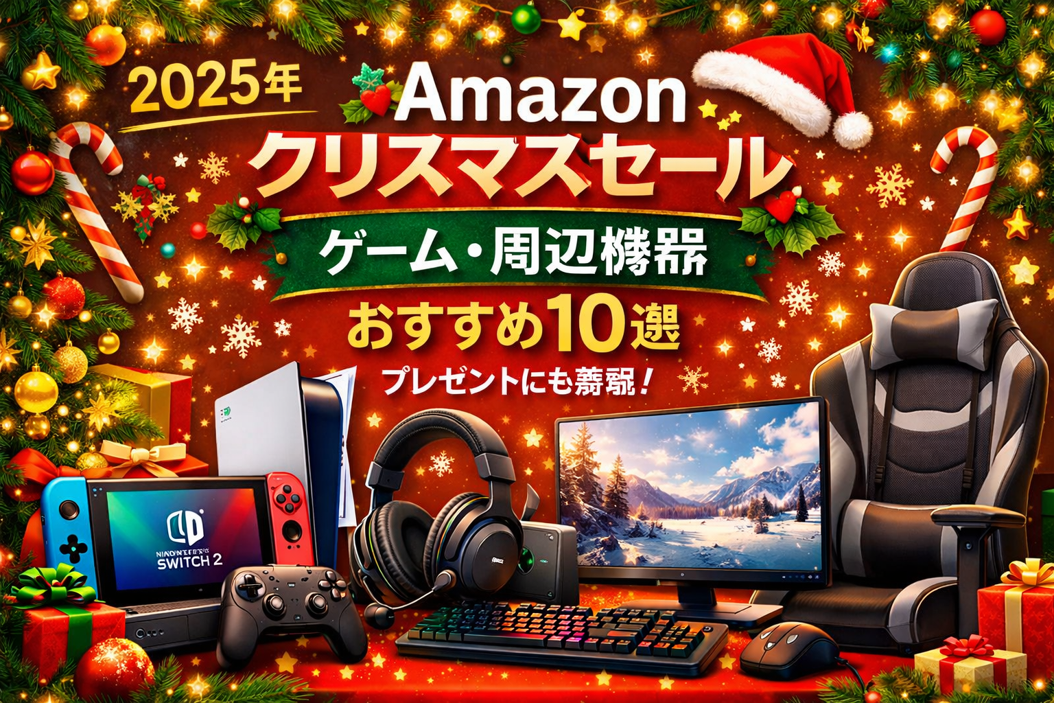 2025年Amazonクリスマスセール ゲーム・周辺機器おすすめ10選 Nintendo Switch 2、PS5、ゲーミングチェア、ゲーミングモニター、ヘッドセット等が並ぶクリスマス装飾の画像
