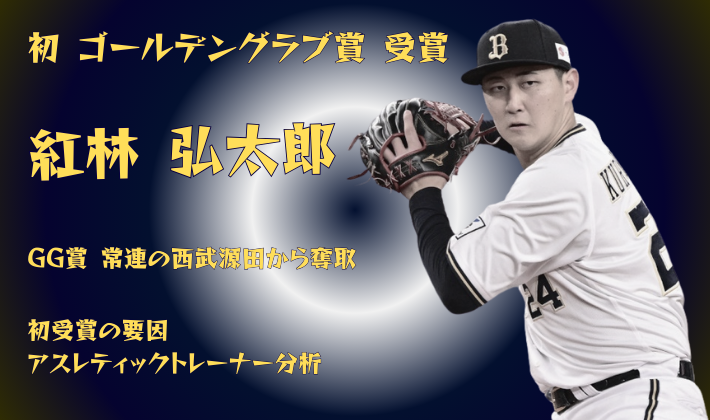 オリックス・バファローズの紅林弘太郎選手が初のゴールデングラブ賞を受賞。守備体制の紅林選手の画像と「GG賞 常連の西武源田から奪取」「初受賞の要因 アスレティックトレーナー分析」のテキスト