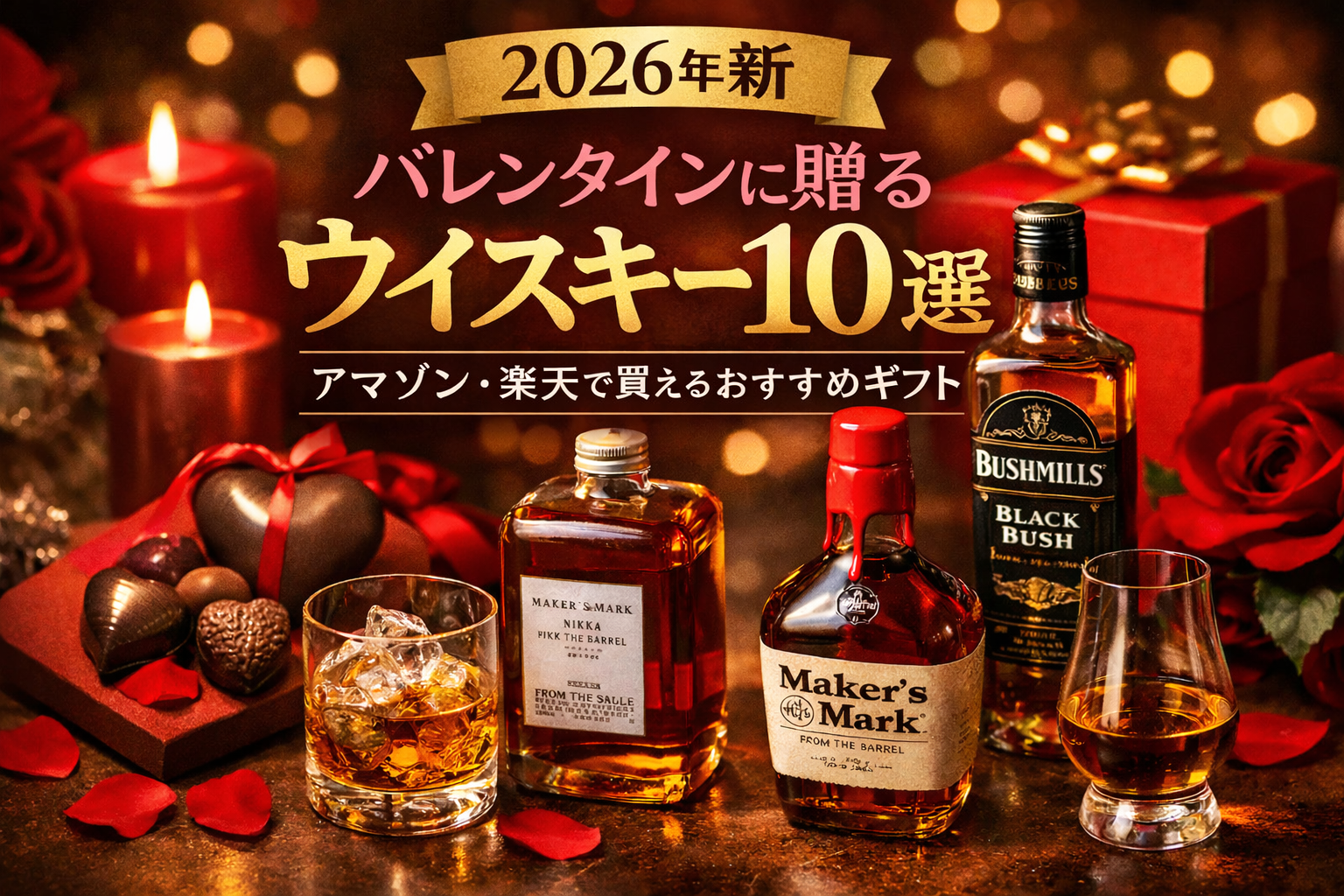 バレンタインに贈るウイスキー10選のアイキャッチ画像。メーカーズマーク、ニッカフロムザバレル、ブッシュミルズブラックブッシュのボトルとグラス、チョコレート、キャンドル、赤いリボンが配置されたロマンティックな構図