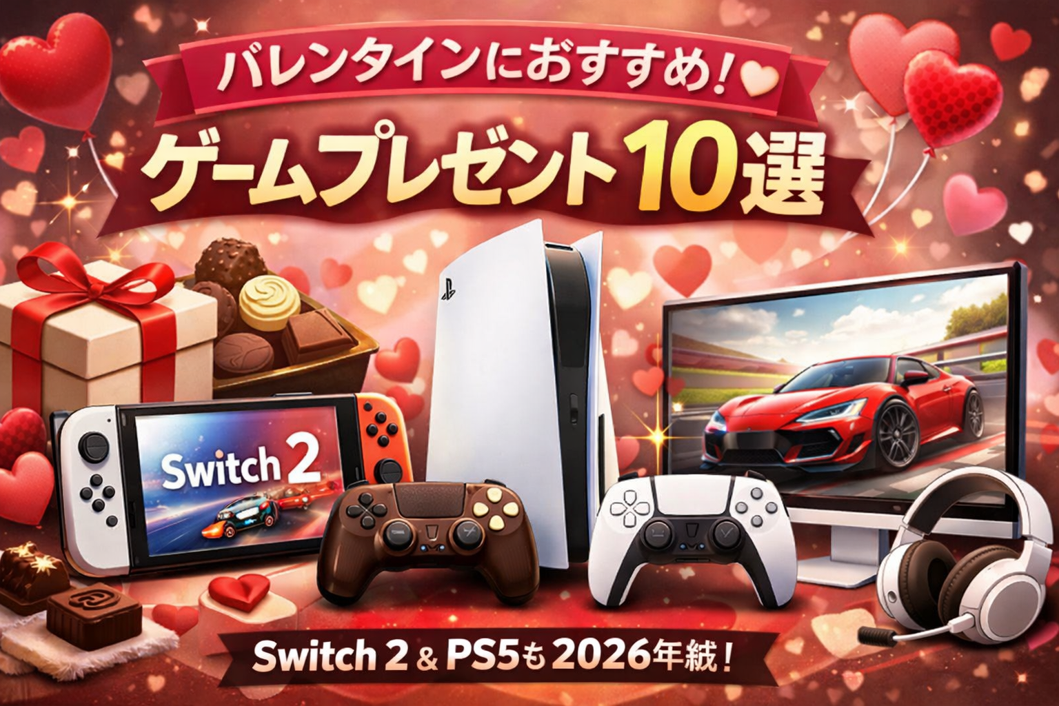 バレンタインデーにおすすめのゲームプレゼント10選。Nintendo Switch 2、PlayStation 5本体、チョコレート色と白色のコントローラー、ゲーミングモニター、ヘッドセットがハートとチョコレートに囲まれている。2026年最新版。
