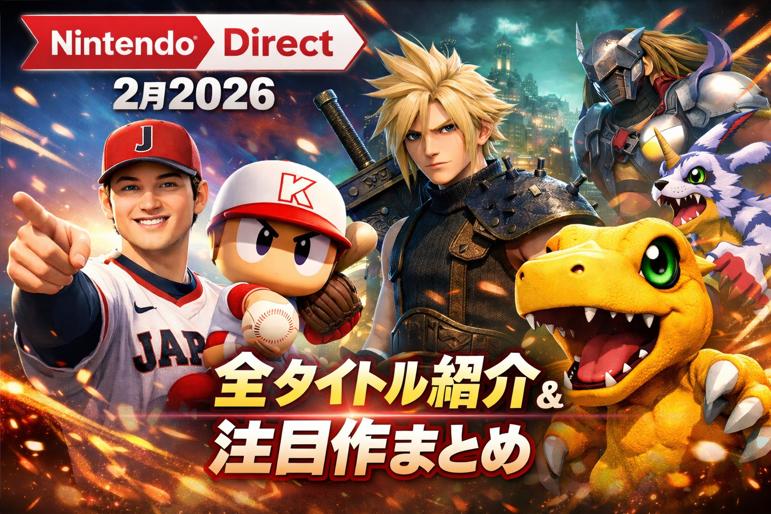 2026年2月のニンテンドーダイレクトアイキャッチ画像。大谷翔平選手、パワプロくん、FF7のクラウド、デジモンのアグモンが集結し「全タイトル紹介&注目作まとめ」のテキストが表示されている