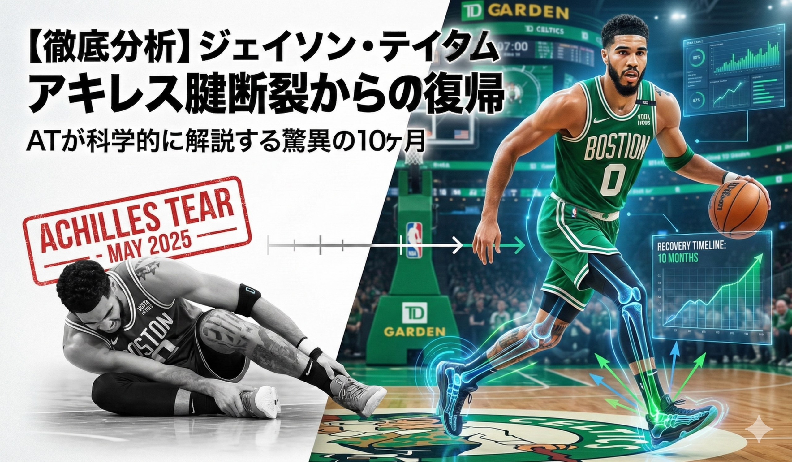 ジェイソン・テイタムのアキレス腱断裂（2025年5月）から10ヶ月での復帰を図解したアイキャッチ画像。左側にモノクロで倒れ込む受傷シーン、右側にカラーでドリブルする復帰後のテイタムを並べ、回復タイムラインをインフォグラフィックで表示