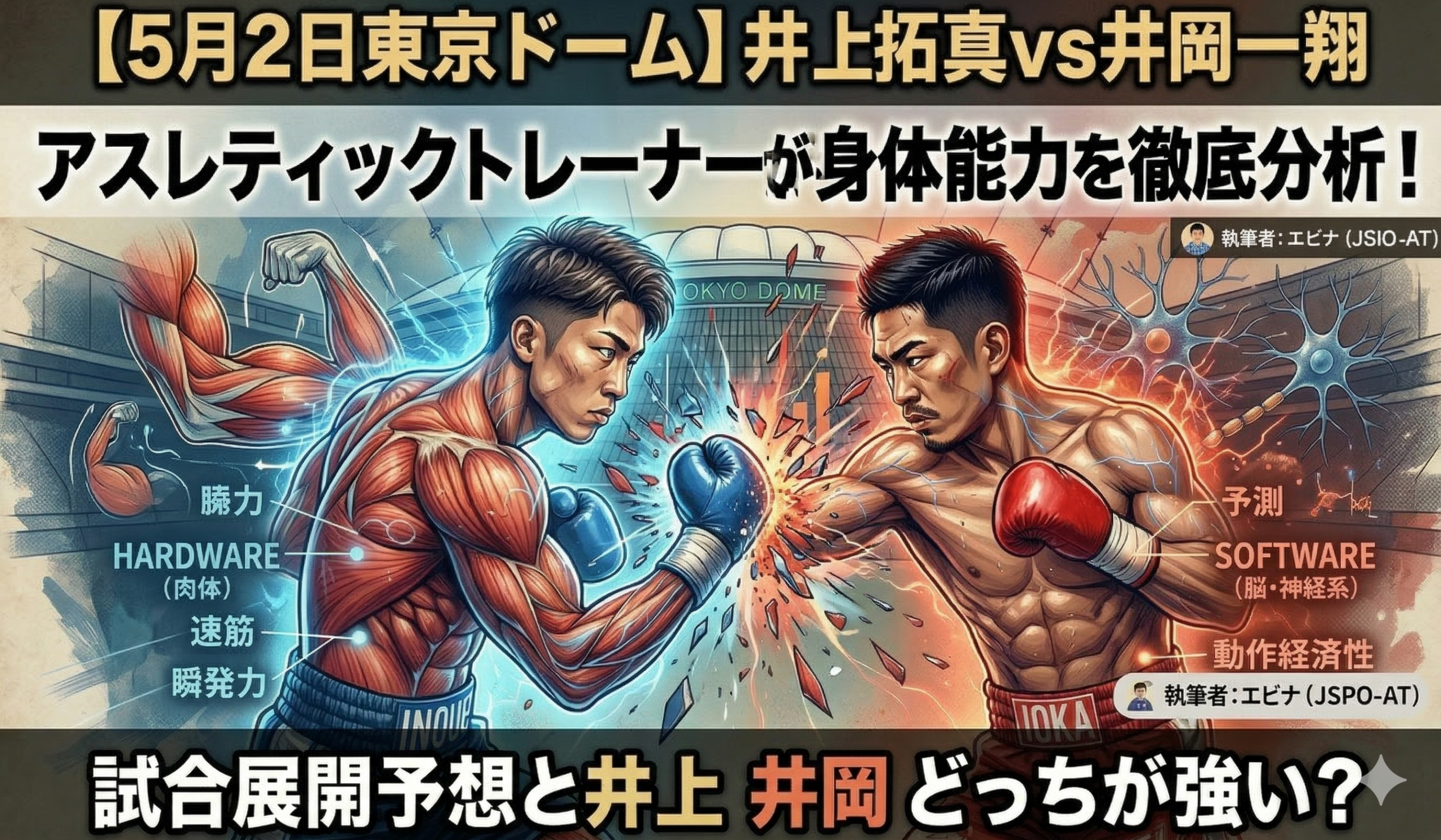 井上拓真vs井岡一翔の身体能力比較イラスト。左側の井上選手はHARDWARE（肉体）として筋肉・速筋・瞬発力、右側の井岡選手はSOFTWARE（脳・神経系）として予測・動作経済性が図解されている