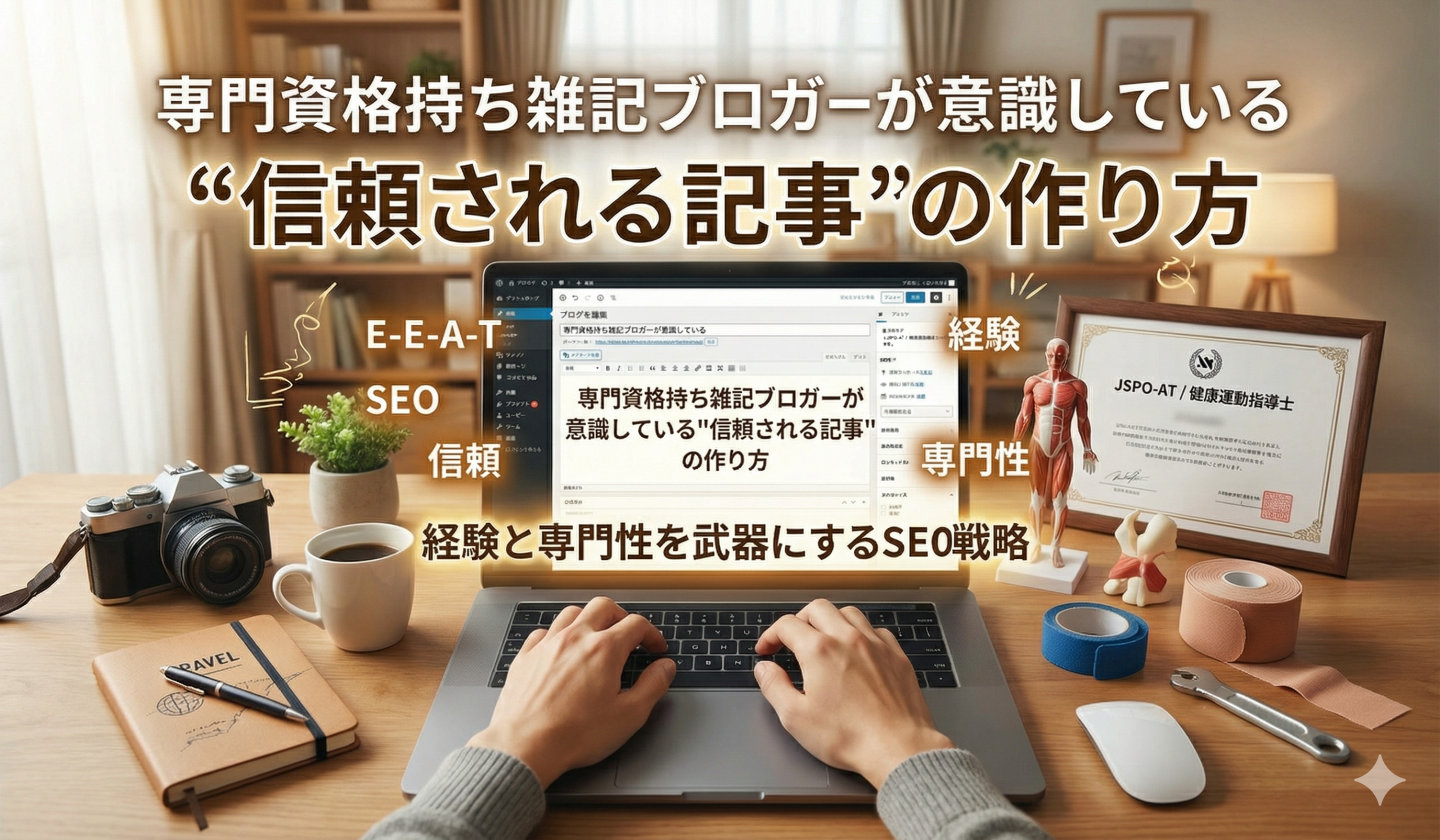 JSPO-AT資格とWordPress編集画面が映るノートPCを前に作業するブロガーの机上。E-E-A-T・SEO・信頼・専門性のキーワードが並ぶ記事アイキャッチ画像